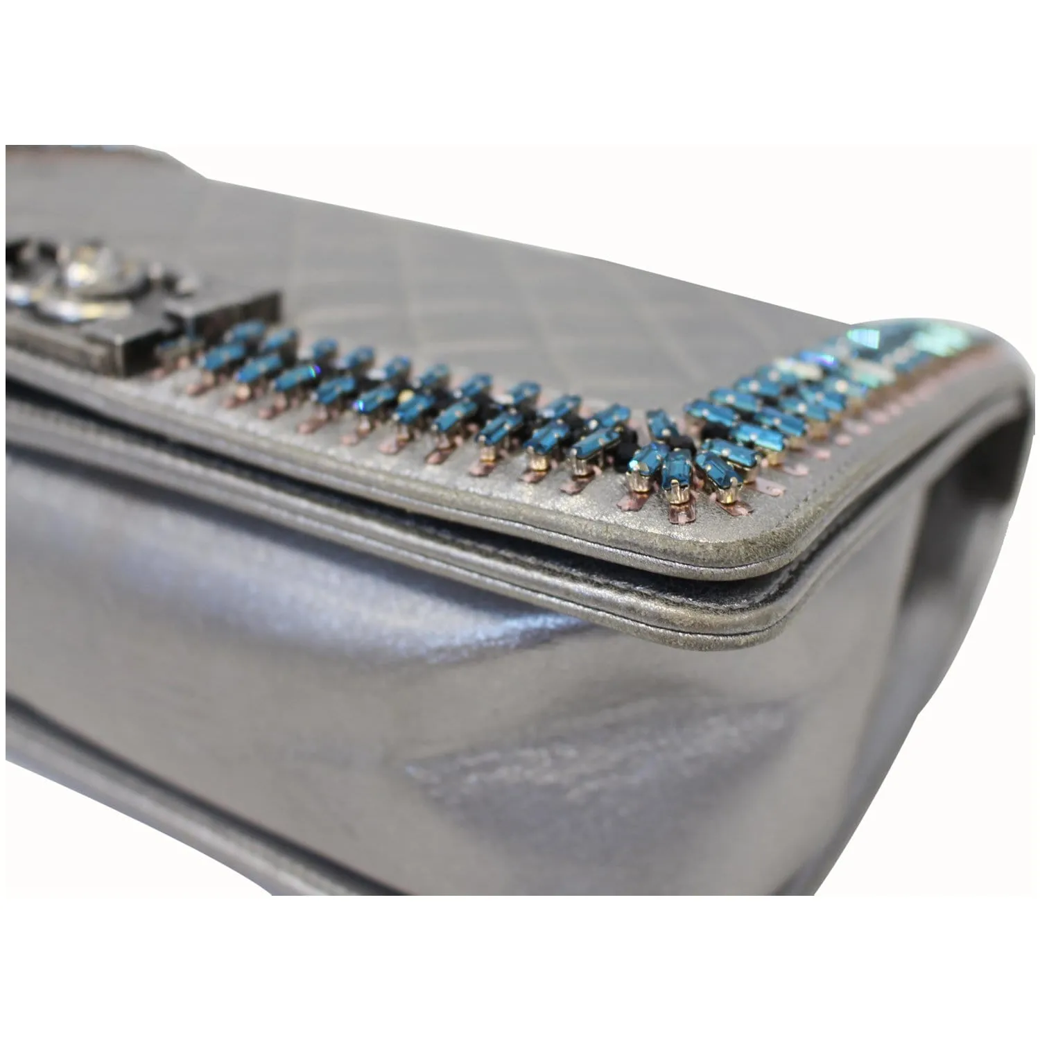 CHANEL Boy Medium Lambskin Leather Embroidered Shoulder Bag Silver - Last Call