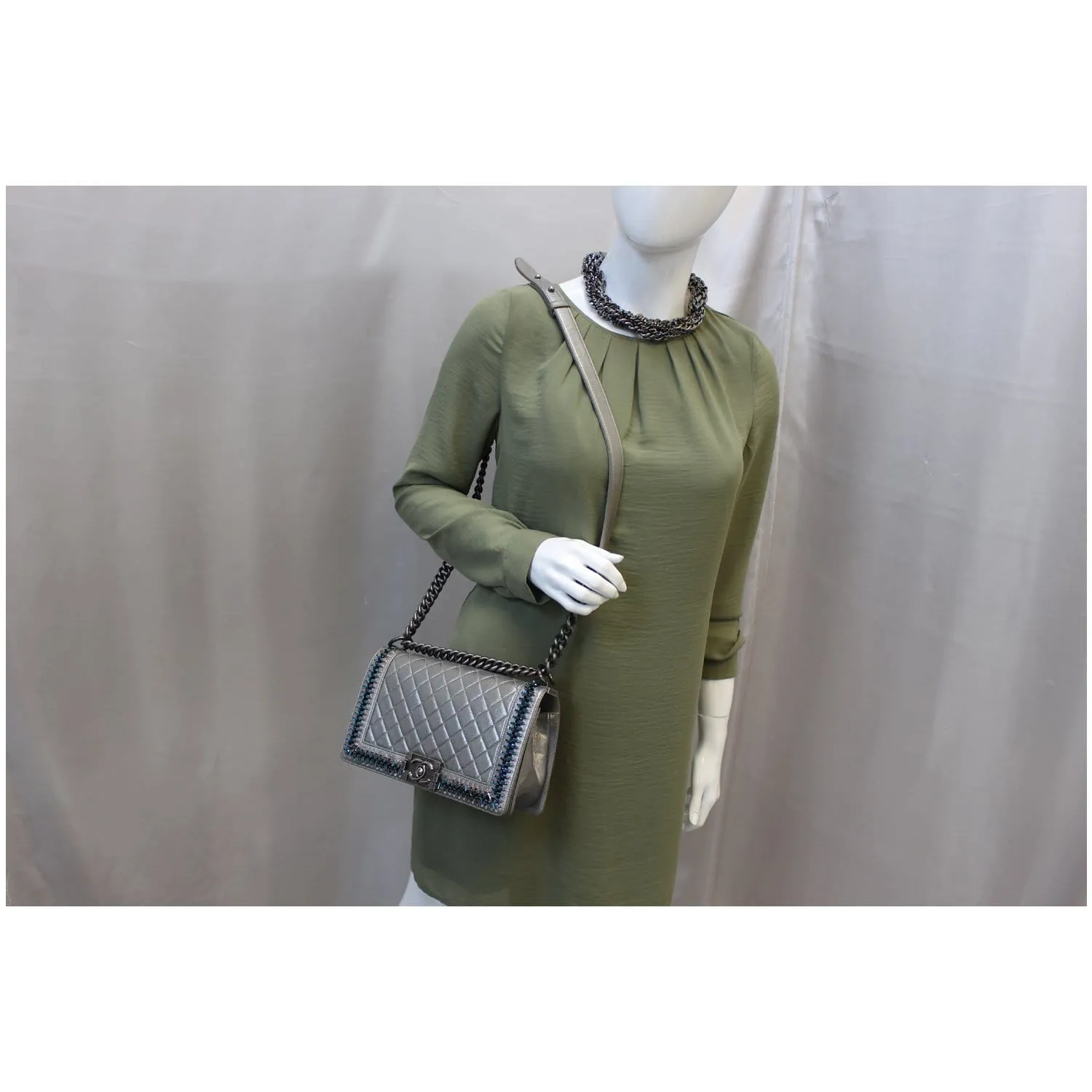 CHANEL Boy Medium Lambskin Leather Embroidered Shoulder Bag Silver - Last Call