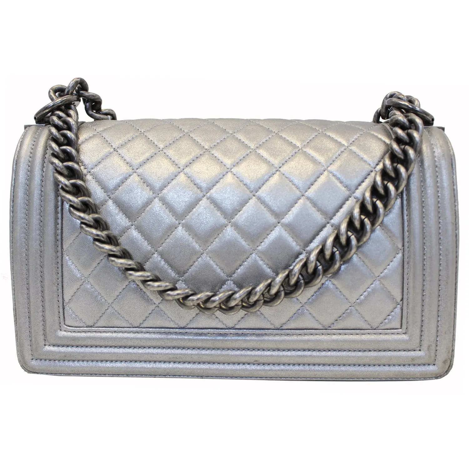 CHANEL Boy Medium Lambskin Leather Embroidered Shoulder Bag Silver - Last Call