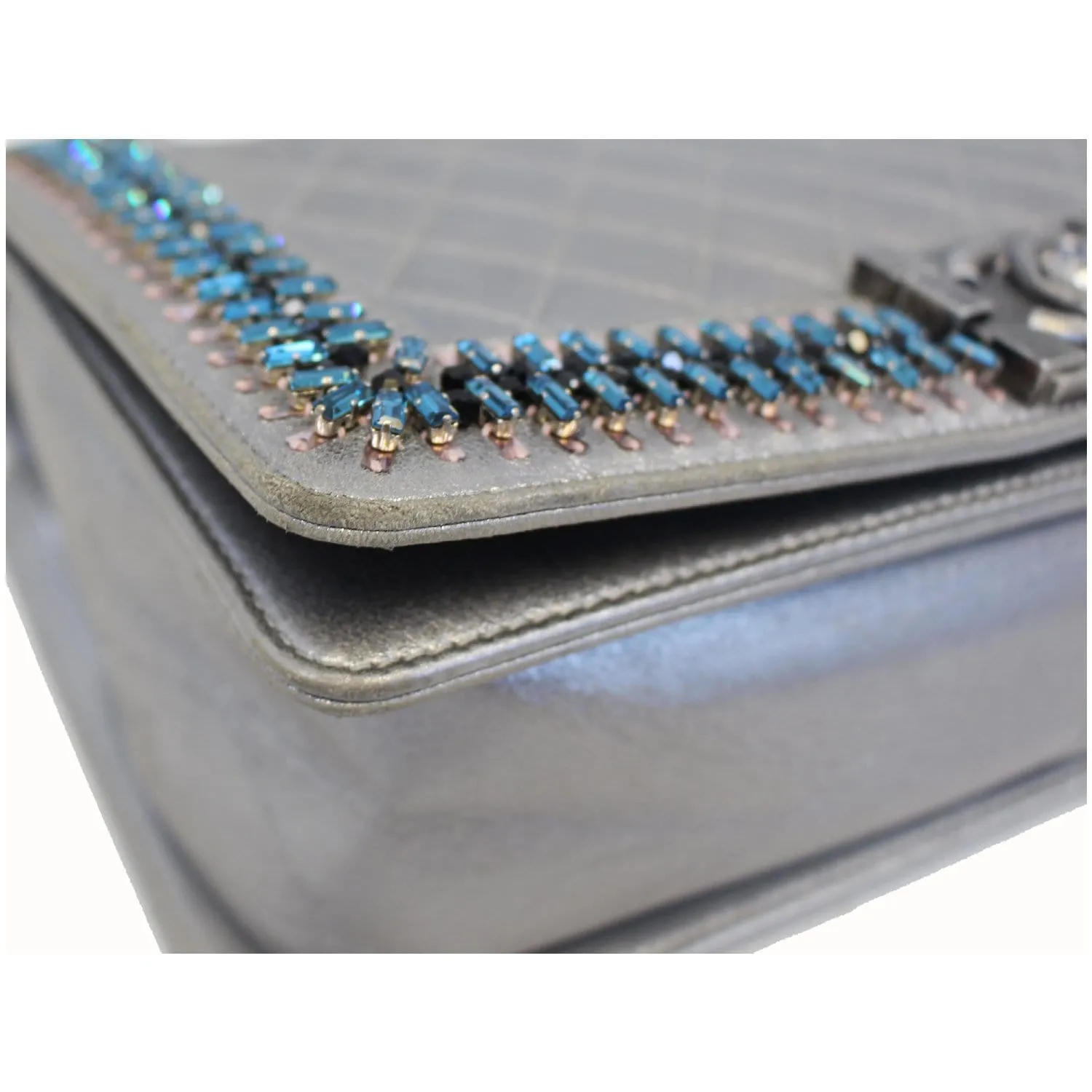 CHANEL Boy Medium Lambskin Leather Embroidered Shoulder Bag Silver - Last Call