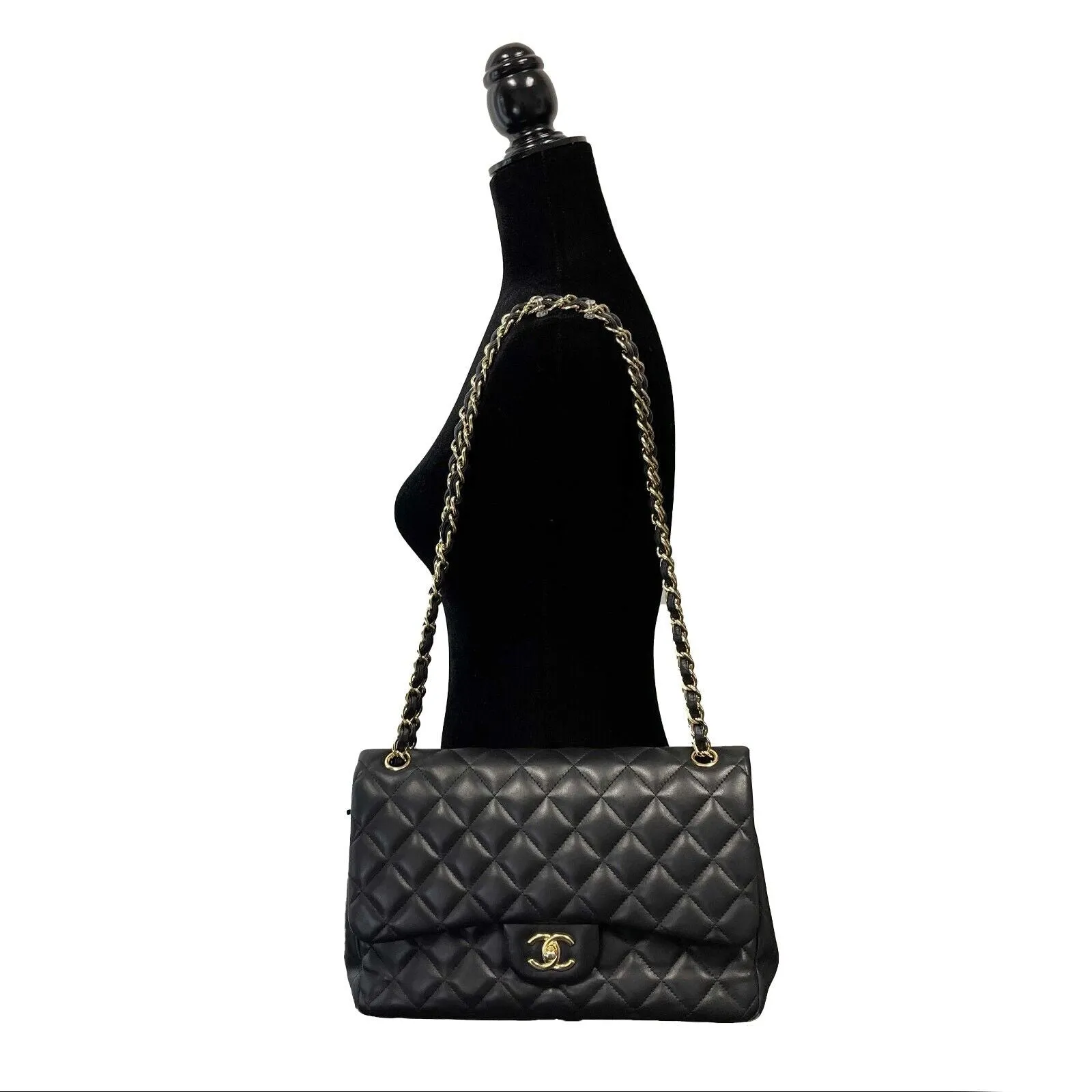 CHANEL - CC Lambskin Leather Quilted Jumbo Double Flap - Black Shoulder Bag