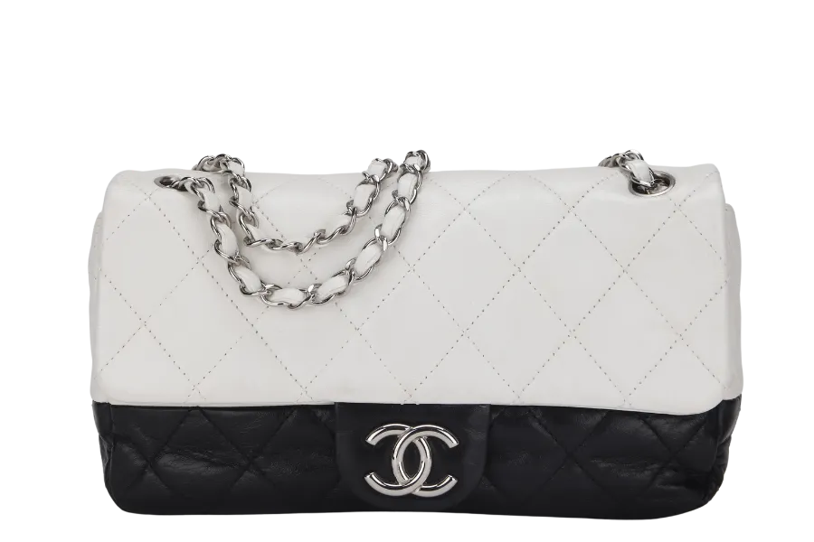 CHANEL CLASSIC FLAP BICOLOR (1267xxxx) MEDIUM BLACK & WHITE LAMBSKIN SILVER HARDWARE, NO CARD & DUST COVER