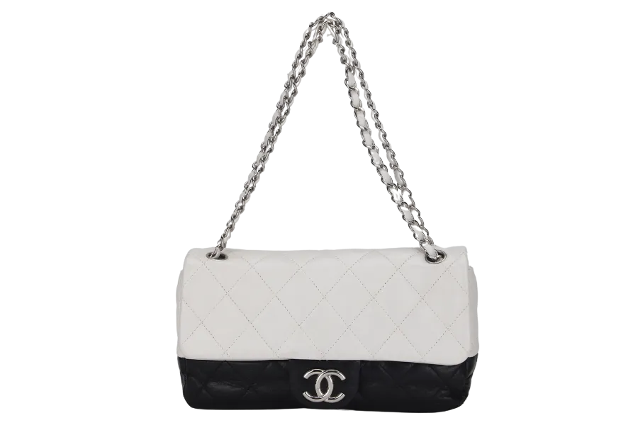 CHANEL CLASSIC FLAP BICOLOR (1267xxxx) MEDIUM BLACK & WHITE LAMBSKIN SILVER HARDWARE, NO CARD & DUST COVER