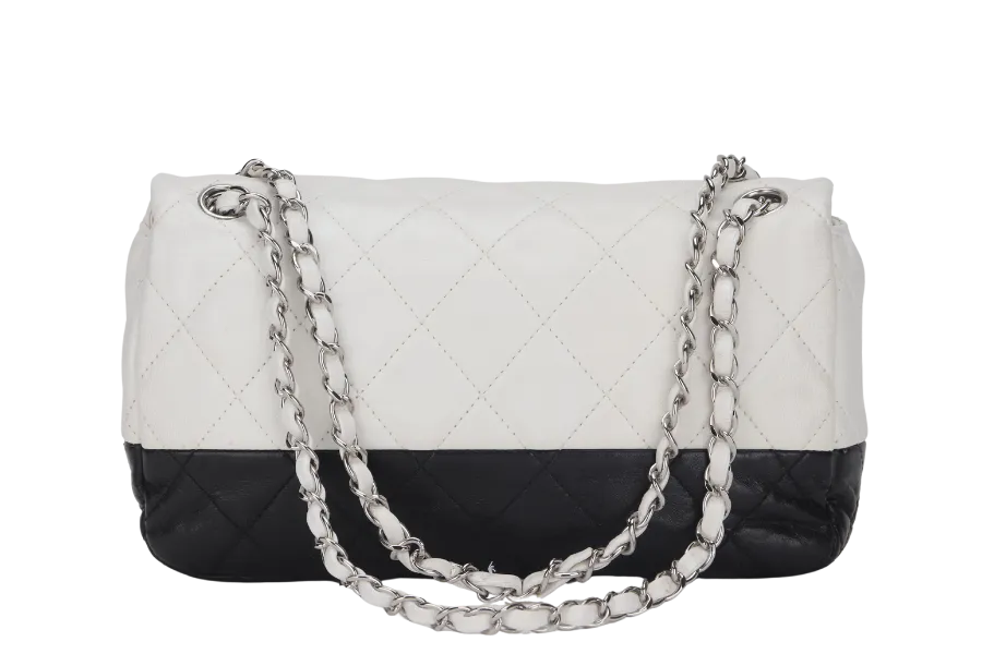 CHANEL CLASSIC FLAP BICOLOR (1267xxxx) MEDIUM BLACK & WHITE LAMBSKIN SILVER HARDWARE, NO CARD & DUST COVER