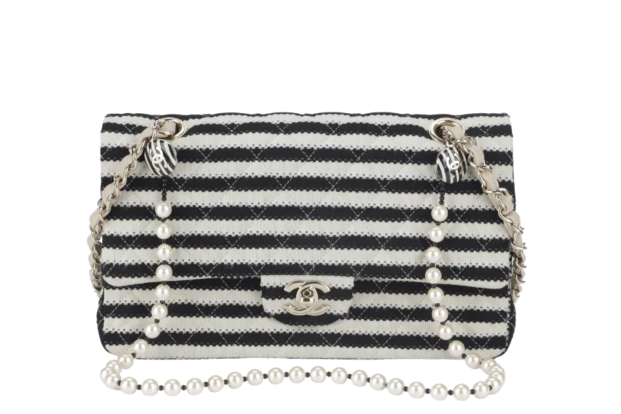 CHANEL COCO SAILOR STRIPE (1919xxxx) BLACK & WHITE JERSEY GOLD HARDWARE WITH CARD