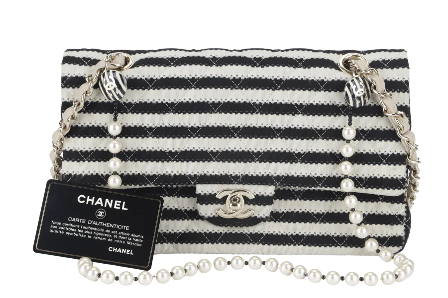 CHANEL COCO SAILOR STRIPE (1919xxxx) BLACK & WHITE JERSEY GOLD HARDWARE WITH CARD