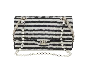 CHANEL COCO SAILOR STRIPE (1919xxxx) BLACK & WHITE JERSEY GOLD HARDWARE WITH CARD