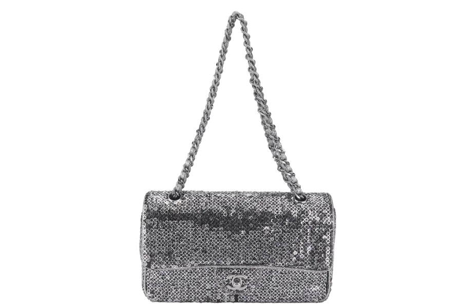 CHANEL FLAP (1164xxxx) SILVER SEQUINS SILVER HARDWARE WITH DUST COVER