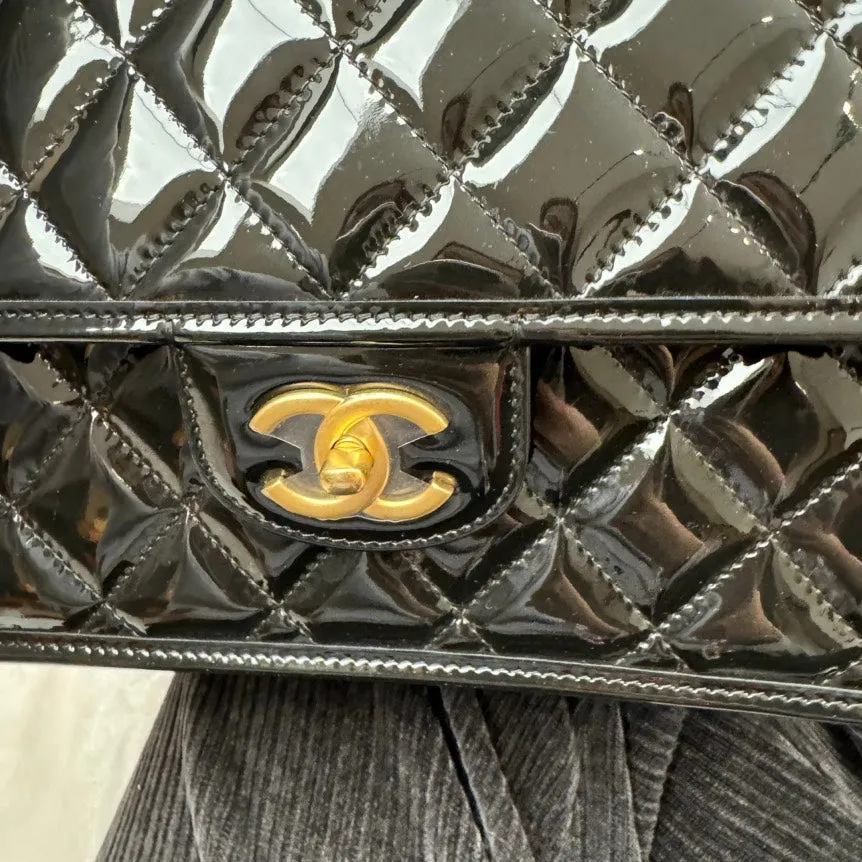 Chanel Quilted Black Patent Leather Satchel Bag