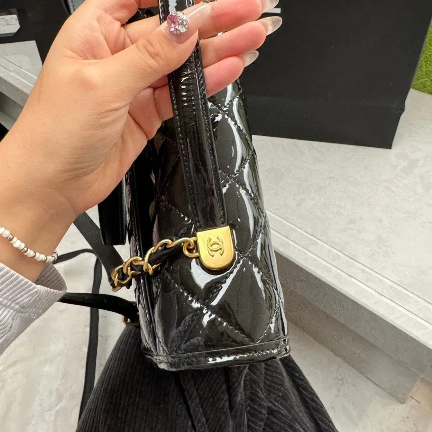 Chanel Quilted Black Patent Leather Satchel Bag
