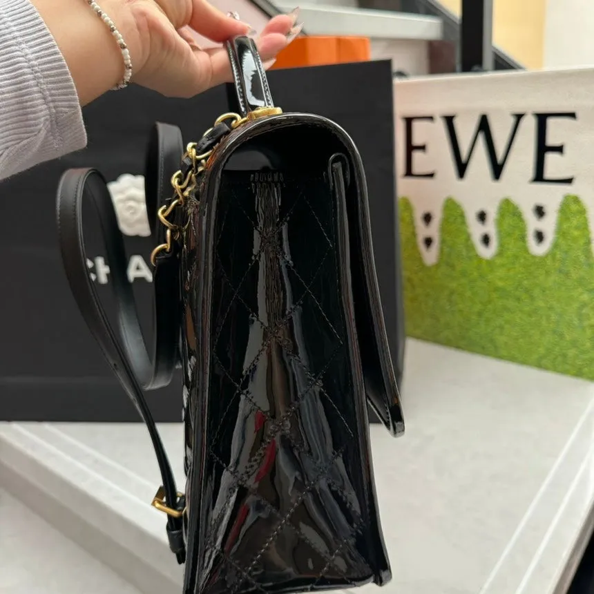 Chanel Quilted Black Patent Leather Satchel Bag