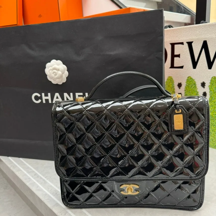 Chanel Quilted Black Patent Leather Satchel Bag