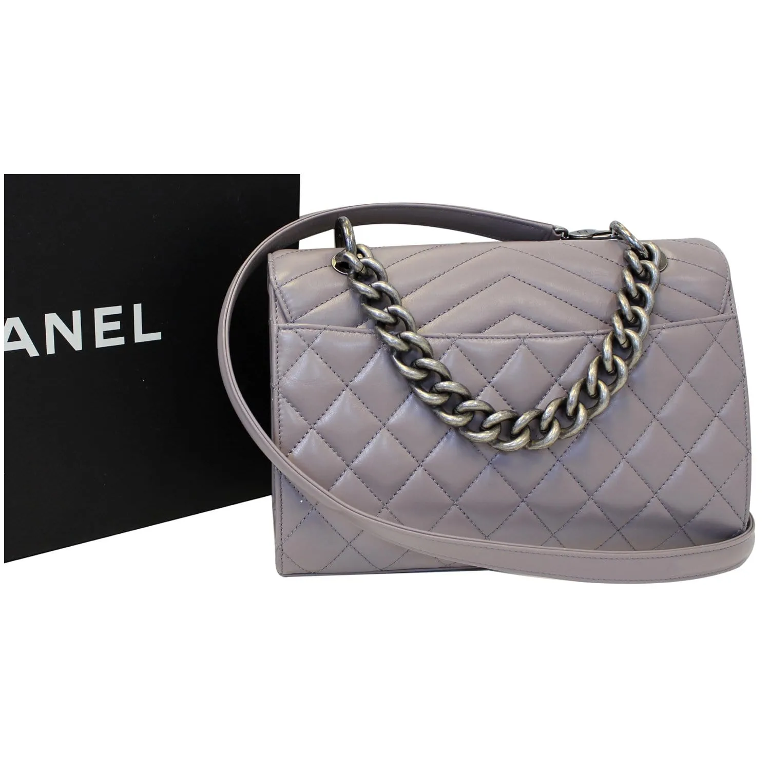 CHANEL Quilted Sheepskin Flap Bag with Handle Lilac
