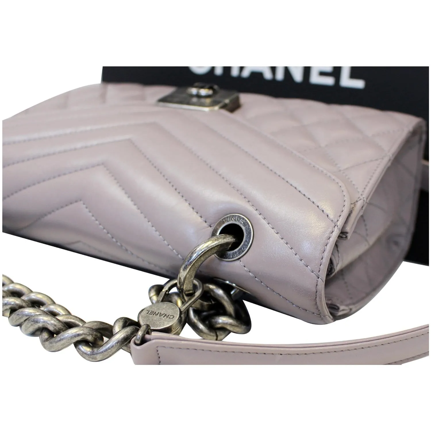 CHANEL Quilted Sheepskin Flap Bag with Handle Lilac