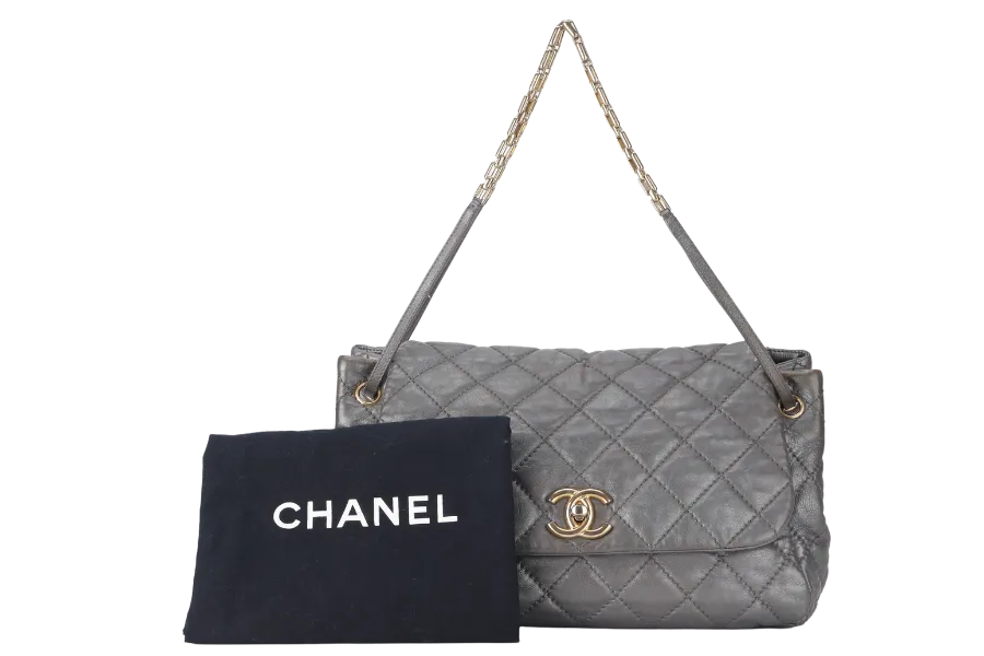 CHANEL RETRO CHAIN ACCORDIAN FLAP LARGE GREY LAMBSKIN LEATHER GOLD HARDWARE (1446xxxx) WITH DUST COVER