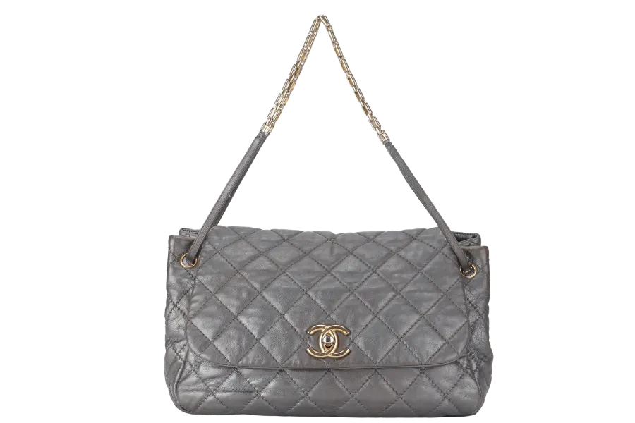 CHANEL RETRO CHAIN ACCORDIAN FLAP LARGE GREY LAMBSKIN LEATHER GOLD HARDWARE (1446xxxx) WITH DUST COVER