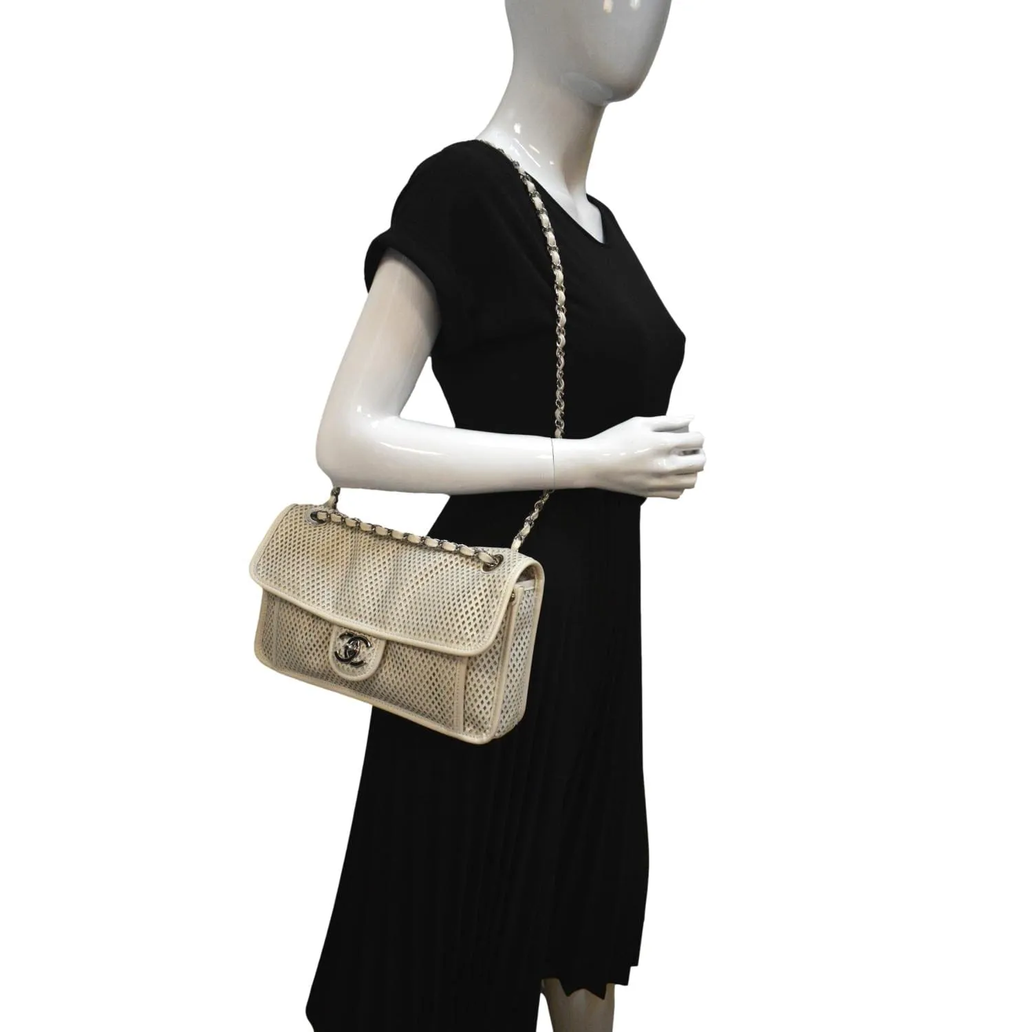 CHANEL Up in the Air Classic Flap Perforated Calfskin Shoulder Bag White