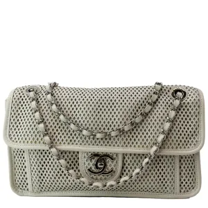 CHANEL Up in the Air Classic Flap Perforated Calfskin Shoulder Bag White