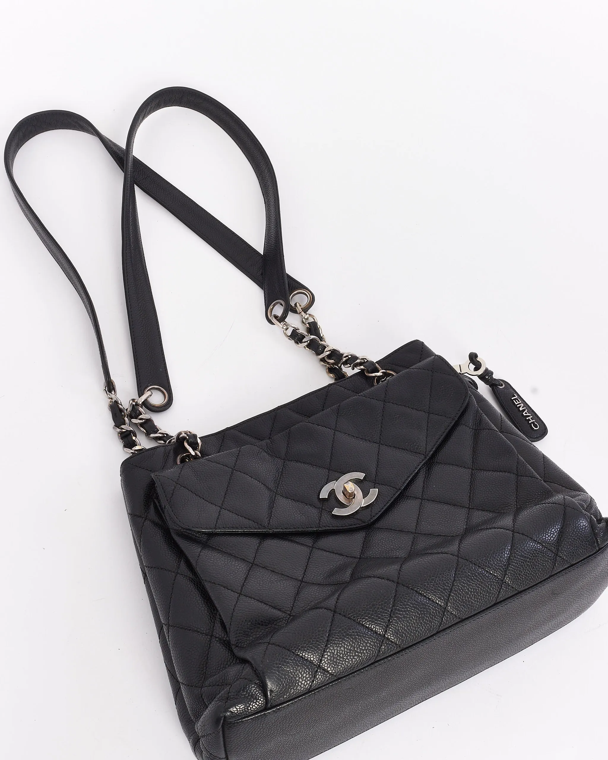 Chanel Vintage Black Caviar Leather Front Pocket Shoulder Bag