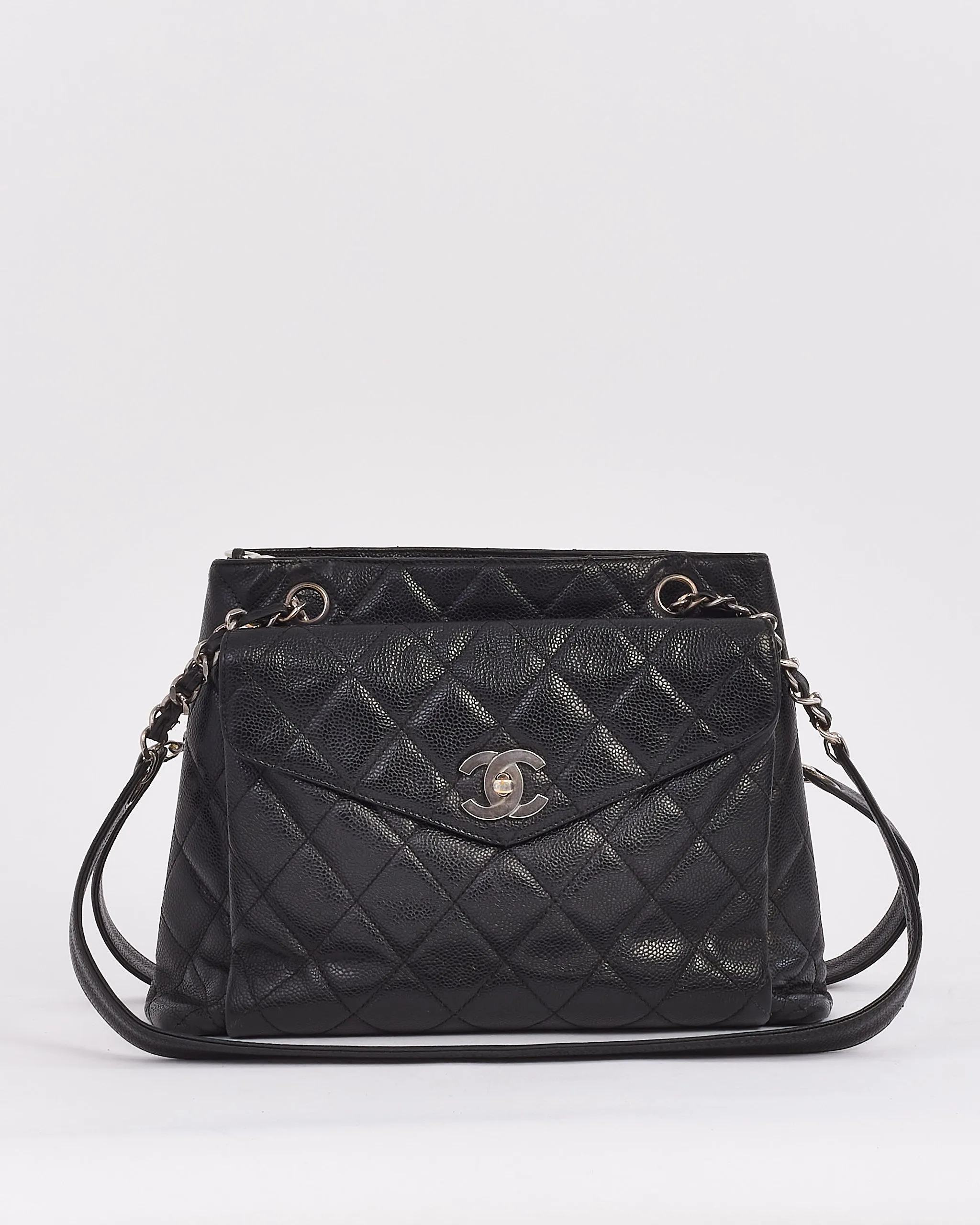 Chanel Vintage Black Caviar Leather Front Pocket Shoulder Bag
