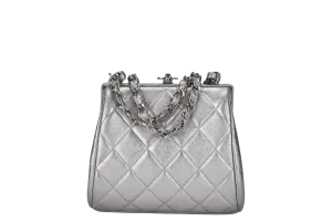 CHANEL VINTAGE TIMELESS FRAME BAG MINI QUILTED SILVER METALLIC LAMBSKIN SILVER HARDWARE (458xxxx)