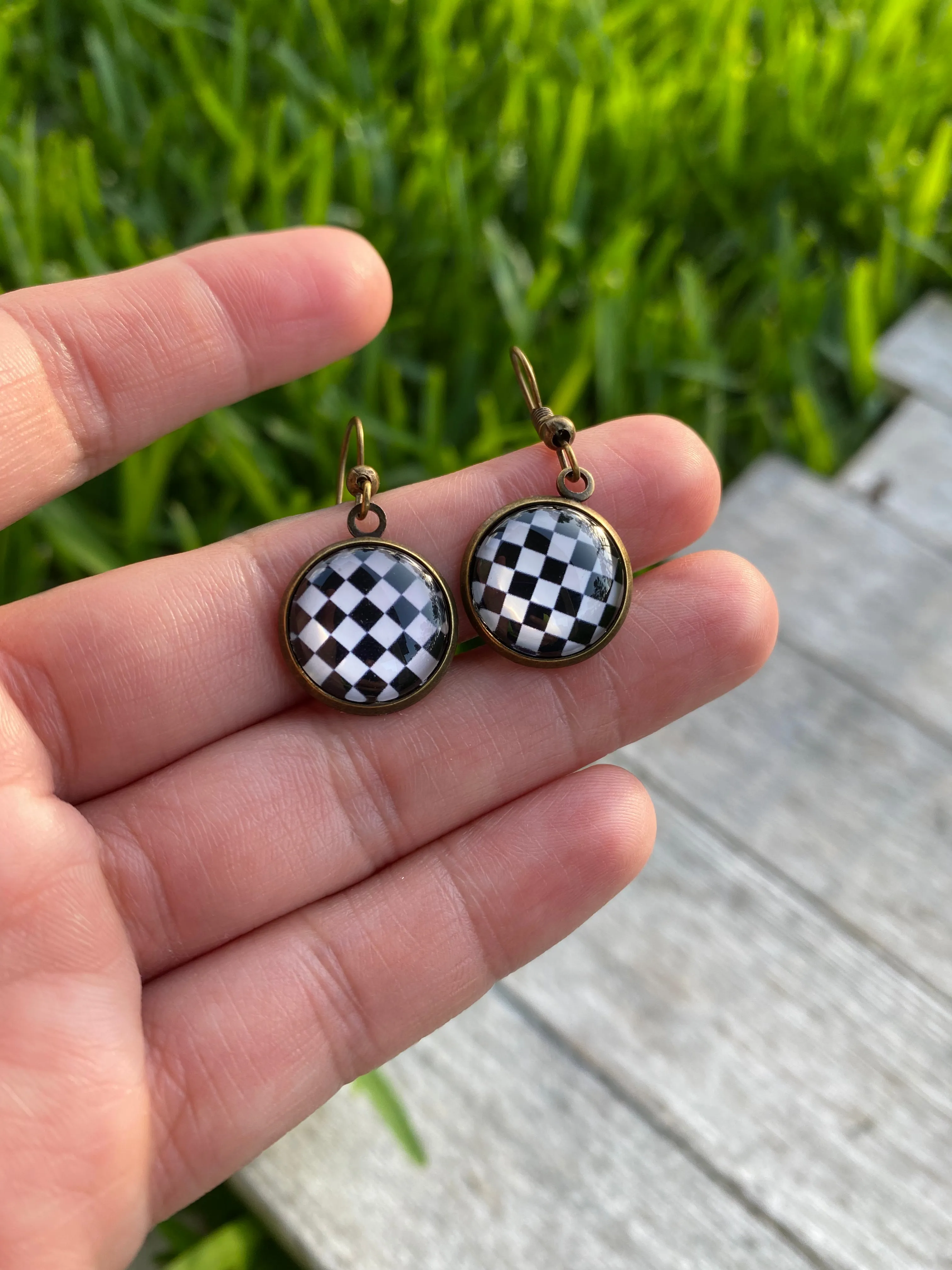 Checkered Black and white Dangle Earrings