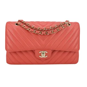 Chevron Medium Classic Double Flap Bag in Pink Coral Red Lambskin