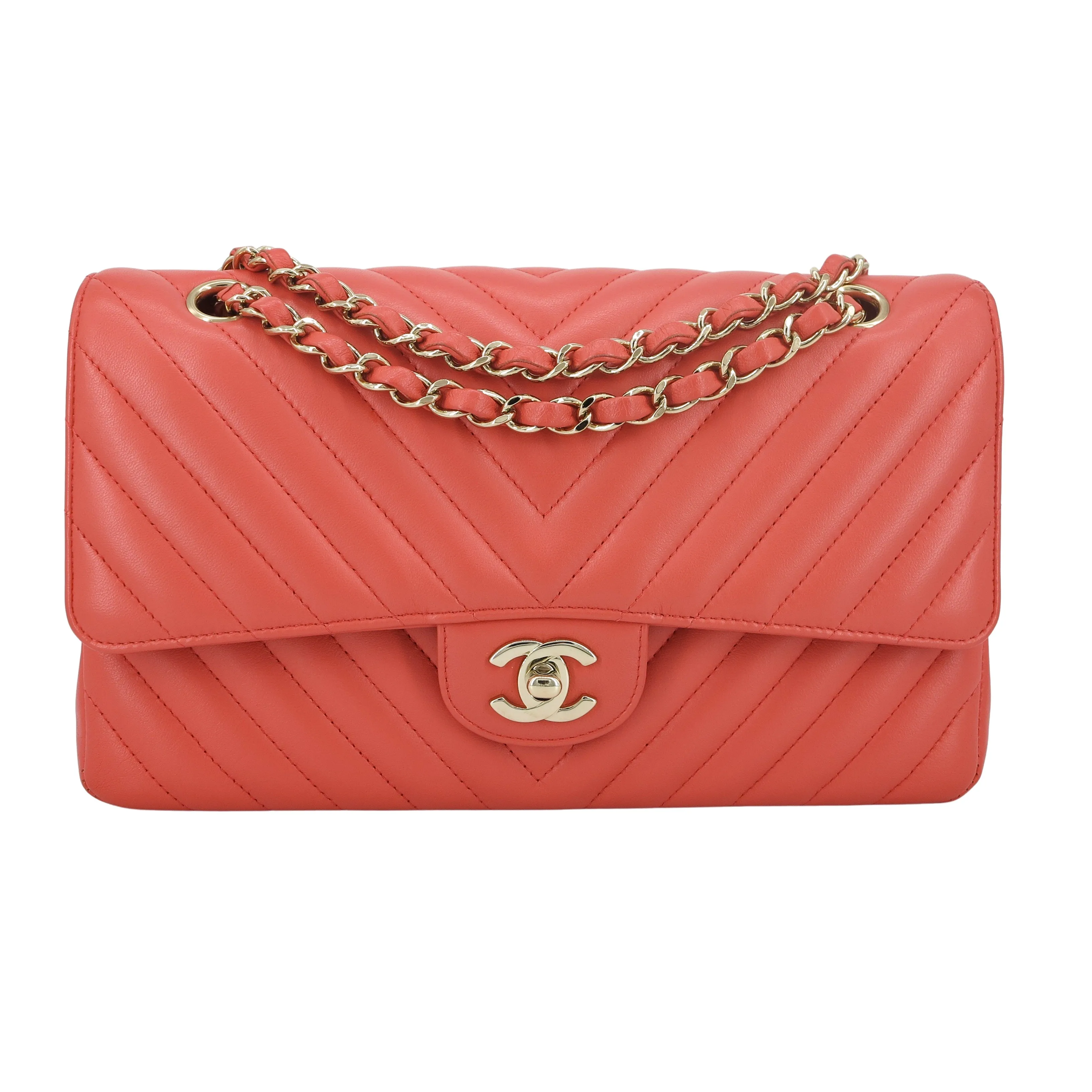 Chevron Medium Classic Double Flap Bag in Pink Coral Red Lambskin