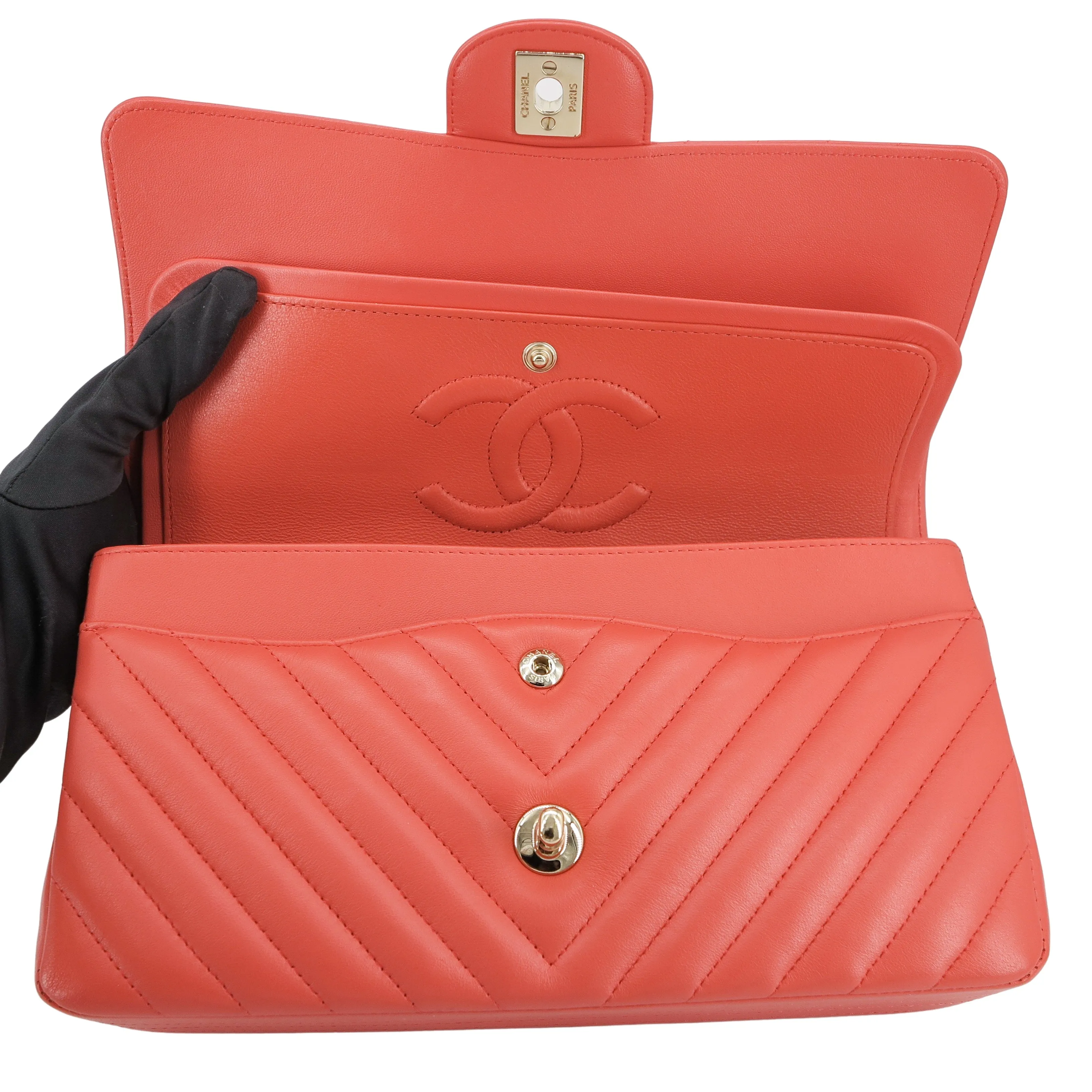 Chevron Medium Classic Double Flap Bag in Pink Coral Red Lambskin