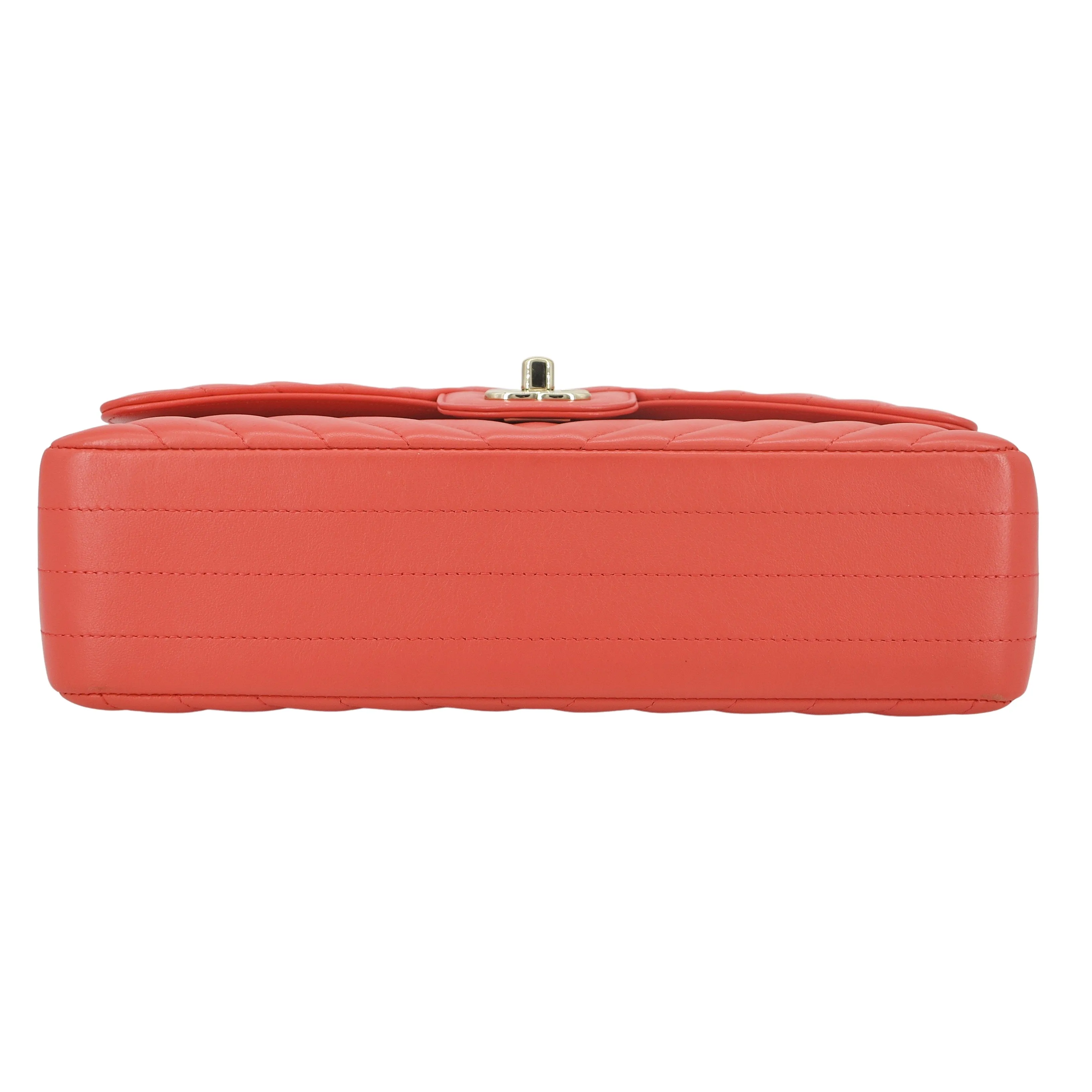 Chevron Medium Classic Double Flap Bag in Pink Coral Red Lambskin