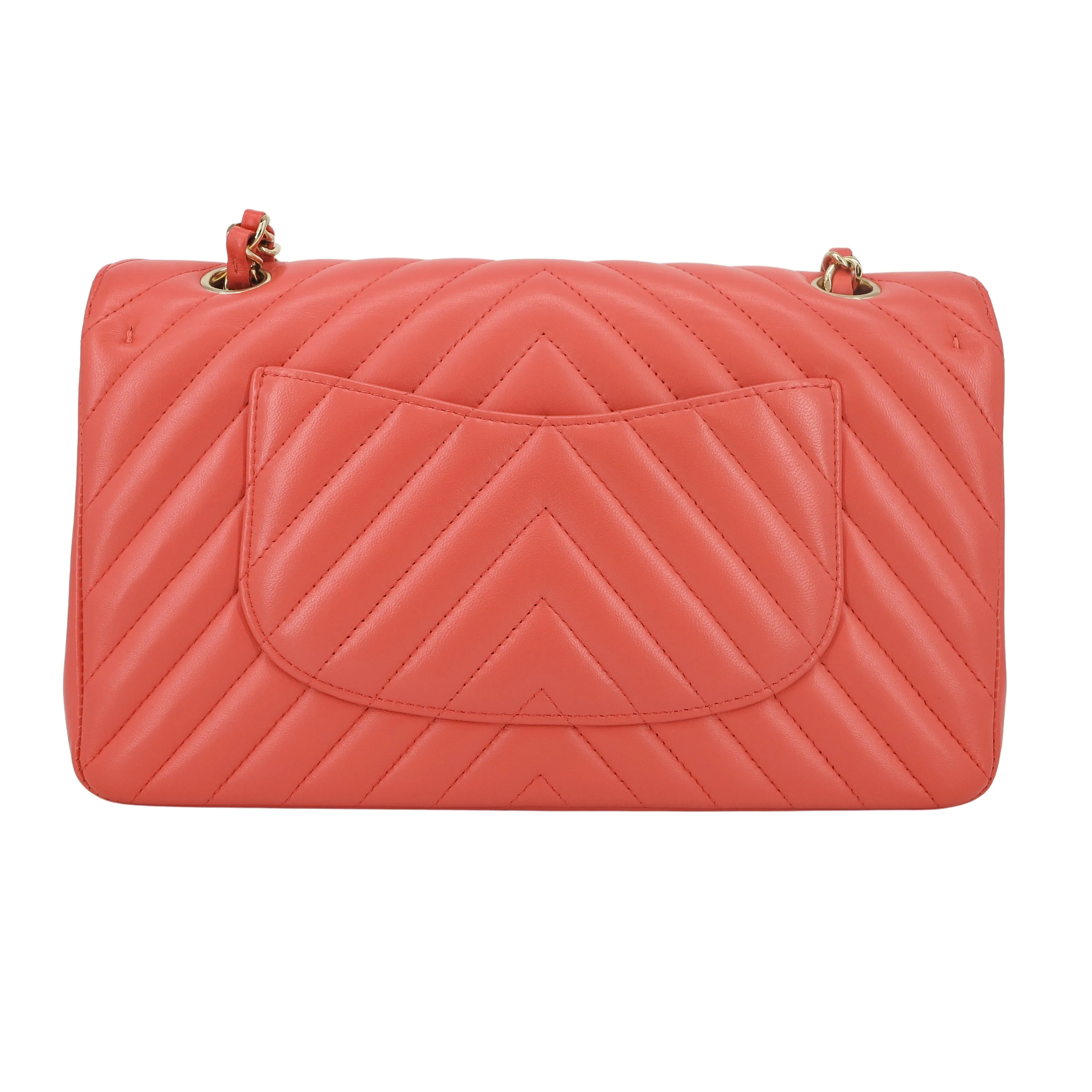 Chevron Medium Classic Double Flap Bag in Pink Coral Red Lambskin