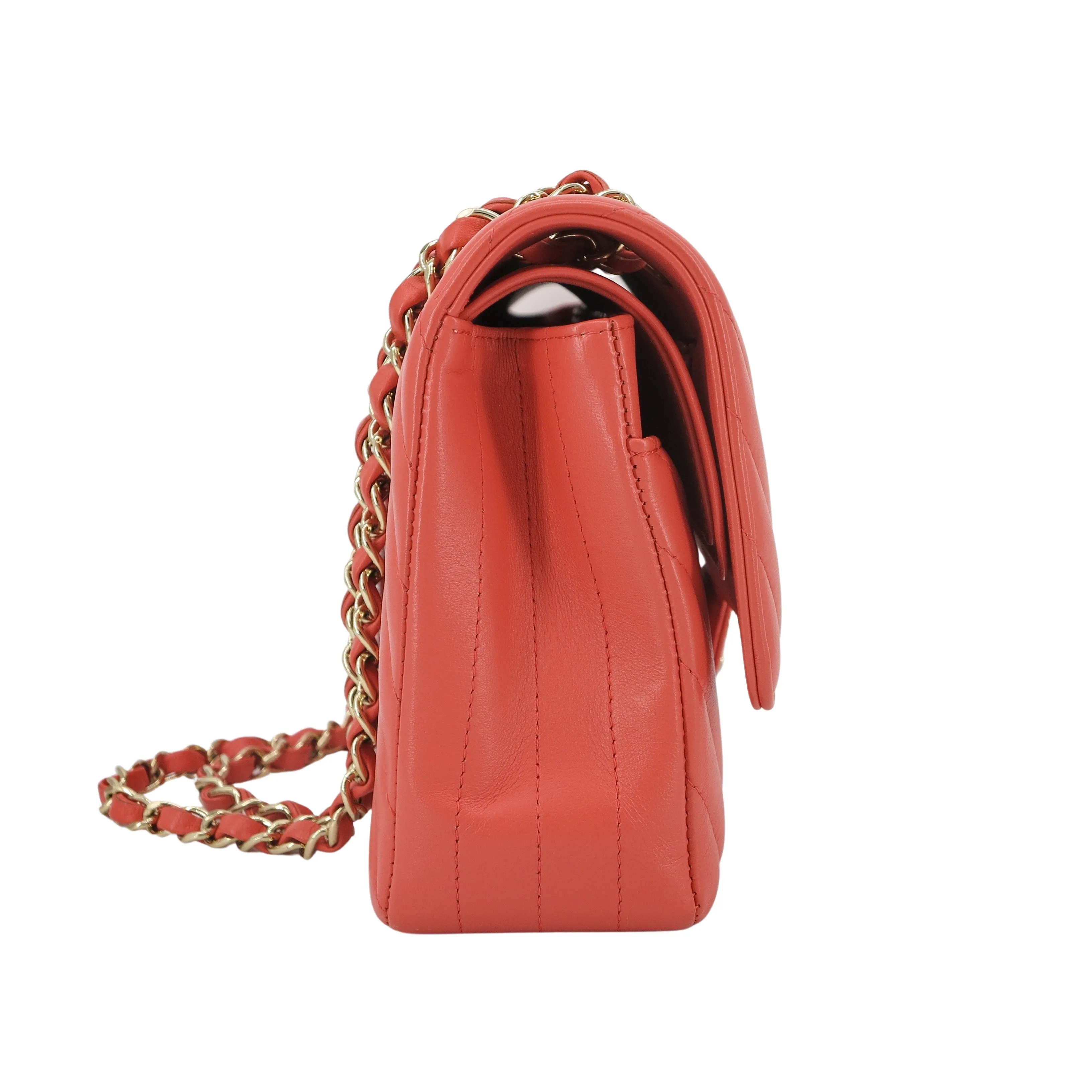 Chevron Medium Classic Double Flap Bag in Pink Coral Red Lambskin