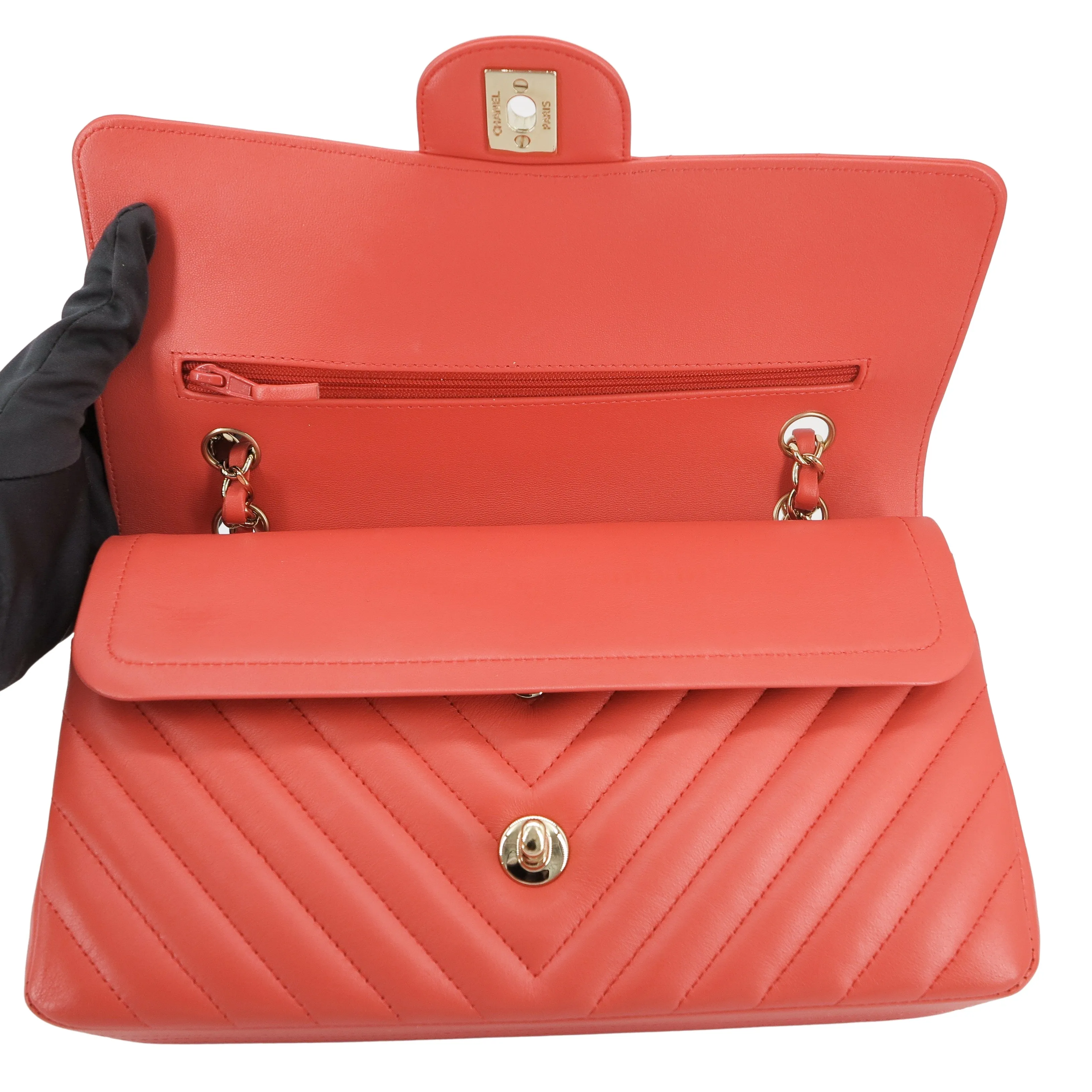 Chevron Medium Classic Double Flap Bag in Pink Coral Red Lambskin