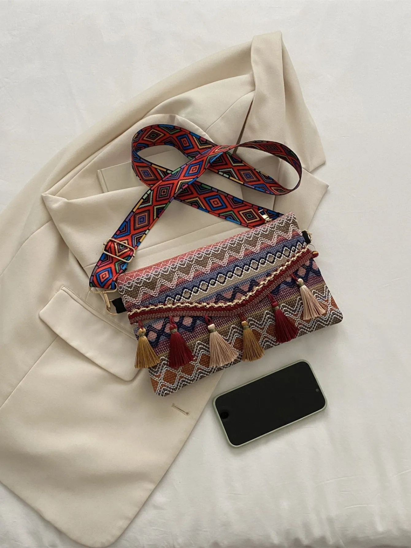 Chevron Pattern Tassel Decor Flap Square Bag - Multicolor