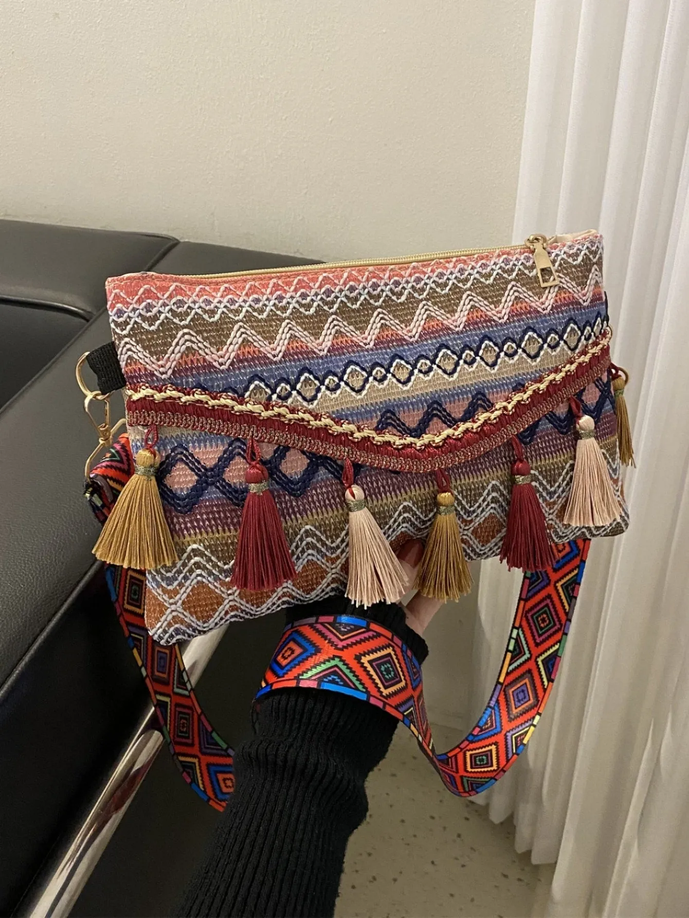 Chevron Pattern Tassel Decor Flap Square Bag - Multicolor