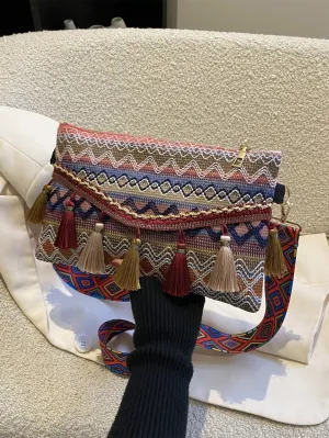 Chevron Pattern Tassel Decor Flap Square Bag - Multicolor