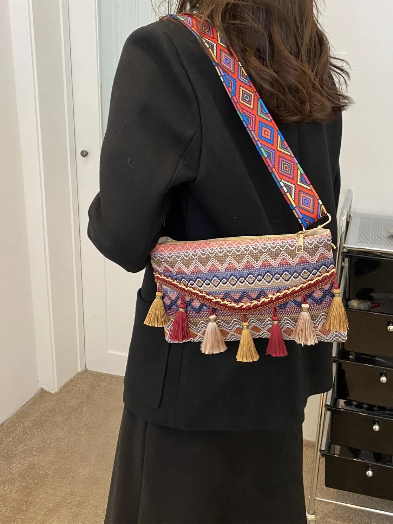 Chevron Pattern Tassel Decor Flap Square Bag - Multicolor