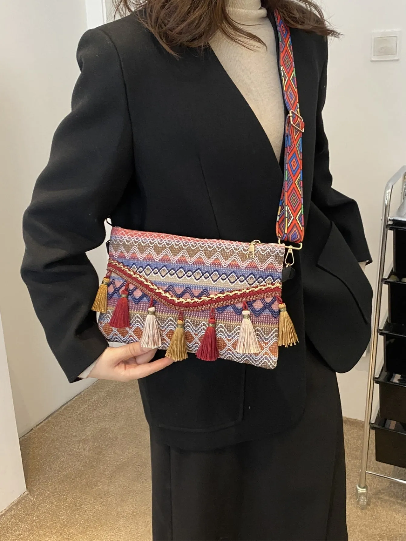 Chevron Pattern Tassel Decor Flap Square Bag - Multicolor