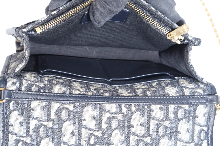 CHRISTIAN DIOR MONTAIGNE 2 IN 1/W.O.C BLUE NAVY OBLIQUE JACQUARD GOLD HARDWARE WITH CHAIN STRAPS, LEATHER STRAPS , DUST COVER AND BOX