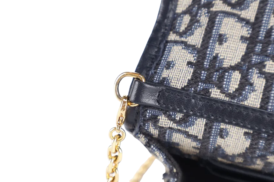 CHRISTIAN DIOR MONTAIGNE 2 IN 1/W.O.C BLUE NAVY OBLIQUE JACQUARD GOLD HARDWARE WITH CHAIN STRAPS, LEATHER STRAPS , DUST COVER AND BOX