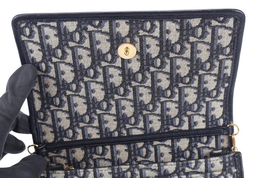 CHRISTIAN DIOR MONTAIGNE 2 IN 1/W.O.C BLUE NAVY OBLIQUE JACQUARD GOLD HARDWARE WITH CHAIN STRAPS, LEATHER STRAPS , DUST COVER AND BOX