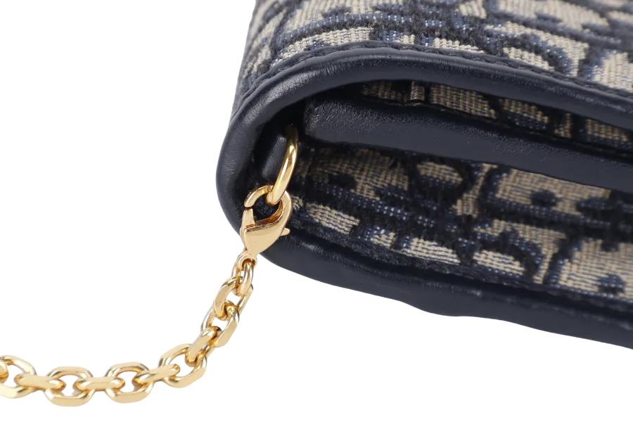 CHRISTIAN DIOR MONTAIGNE 2 IN 1/W.O.C BLUE NAVY OBLIQUE JACQUARD GOLD HARDWARE WITH CHAIN STRAPS, LEATHER STRAPS , DUST COVER AND BOX