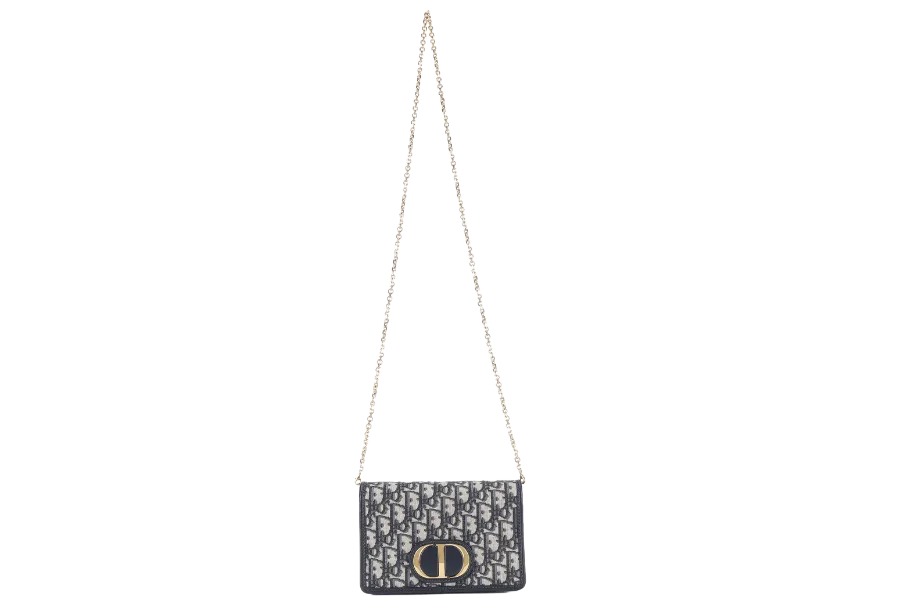 CHRISTIAN DIOR MONTAIGNE 2 IN 1/W.O.C BLUE NAVY OBLIQUE JACQUARD GOLD HARDWARE WITH CHAIN STRAPS, LEATHER STRAPS , DUST COVER AND BOX