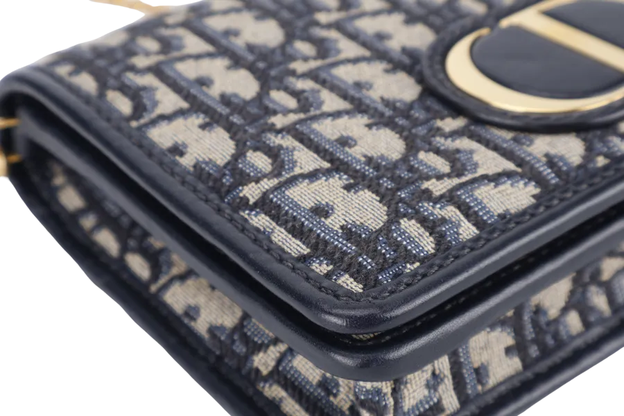 CHRISTIAN DIOR MONTAIGNE 2 IN 1/W.O.C BLUE NAVY OBLIQUE JACQUARD GOLD HARDWARE WITH CHAIN STRAPS, LEATHER STRAPS , DUST COVER AND BOX