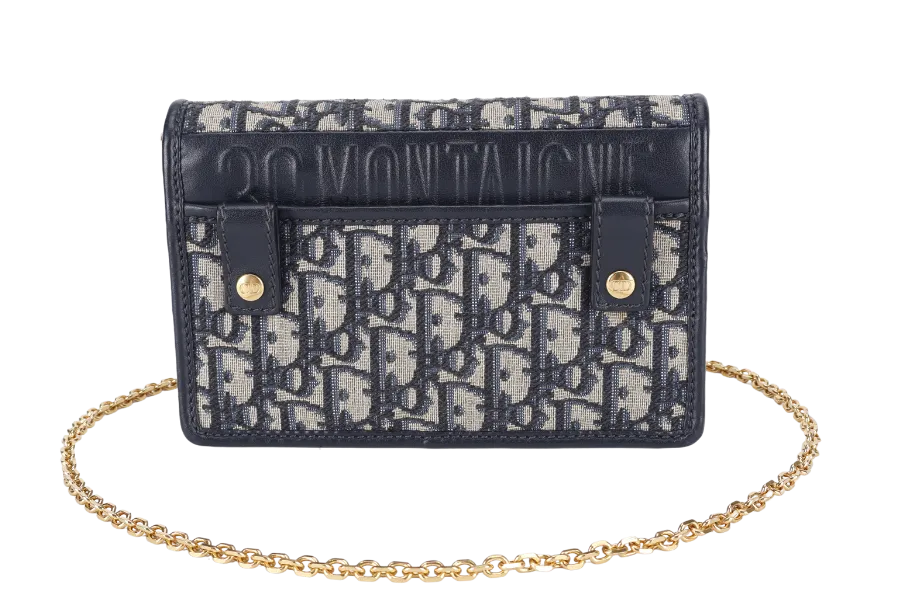 CHRISTIAN DIOR MONTAIGNE 2 IN 1/W.O.C BLUE NAVY OBLIQUE JACQUARD GOLD HARDWARE WITH CHAIN STRAPS, LEATHER STRAPS , DUST COVER AND BOX