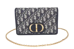 CHRISTIAN DIOR MONTAIGNE 2 IN 1/W.O.C BLUE NAVY OBLIQUE JACQUARD GOLD HARDWARE WITH CHAIN STRAPS, LEATHER STRAPS , DUST COVER AND BOX