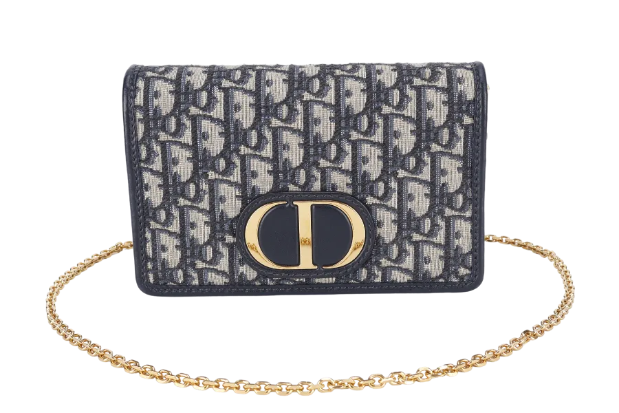 CHRISTIAN DIOR MONTAIGNE 2 IN 1/W.O.C BLUE NAVY OBLIQUE JACQUARD GOLD HARDWARE WITH CHAIN STRAPS, LEATHER STRAPS , DUST COVER AND BOX