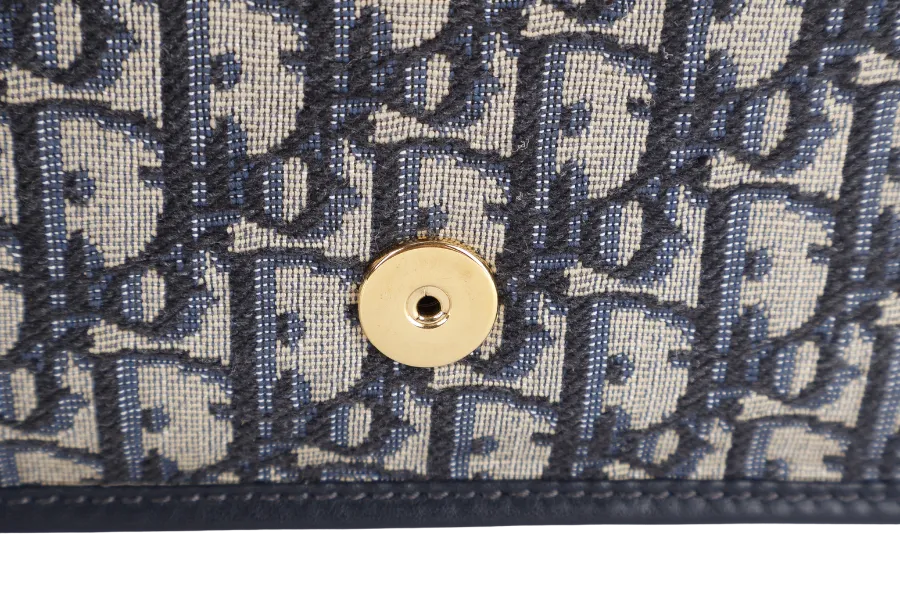 CHRISTIAN DIOR MONTAIGNE 2 IN 1/W.O.C BLUE NAVY OBLIQUE JACQUARD GOLD HARDWARE WITH CHAIN STRAPS, LEATHER STRAPS , DUST COVER AND BOX