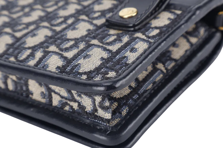CHRISTIAN DIOR MONTAIGNE 2 IN 1/W.O.C BLUE NAVY OBLIQUE JACQUARD GOLD HARDWARE WITH CHAIN STRAPS, LEATHER STRAPS , DUST COVER AND BOX