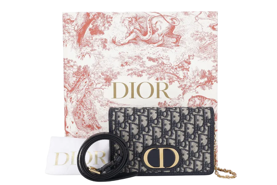 CHRISTIAN DIOR MONTAIGNE 2 IN 1/W.O.C BLUE NAVY OBLIQUE JACQUARD GOLD HARDWARE WITH CHAIN STRAPS, LEATHER STRAPS , DUST COVER AND BOX